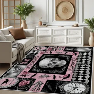 Dpvbffx Gotisch Schädel Teppich rutschfest Weich, Rose Fledermaus Skull Teppich Wohnzimmer 80x120 cm, Gruselige Totenkopf Teppiche Kurzflor Waschbare fur Schlafzimmer Badezimmer Kinderzimmer