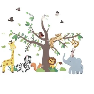 Wandtattoos Dschungelbaum Tierbaum - Wandtattoos Safari Leopard Löwe Giraffe Elefant - Wandtattoos Kinderzimmer Schlafzimmer Wanddekoration