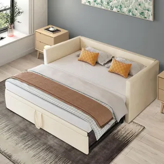 MISNODE Schlafsofa 90/180x200 cm Ausziehbar, Polsterbett Tagesbett mit Ausziehbett und Gästebett, Samt Schlafcouch 2‐Sitzer zum Doppelbett Ausziehbar, Bettsofa für Wohnzimmer/Gästezimmer, Beige