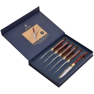 LAGUIOLE HERITAGE Steakmesser Set – 6-teilig – Steakmesser mit edlem Pekka-Holzgriff – rostfreier Edelstahl – hochwertiges Messer-Set in Geschenkbox, Braun