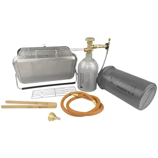 GARDINGER BBQ 42 mobiler Koffergrill aus Edelstahl für Gaskartuschen Holzkohle | Klappbarer Camping-Grill für Picknick Outdoor mit Grillzange | 31x20x7 cm + Profill Set Propanflasche 0,5kg