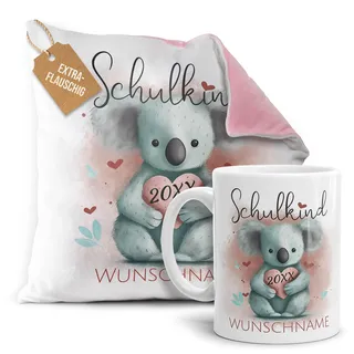 Print Royal PR Einschulung Geschenke-Set - Schulkind mit Name und Jahr personalisiert - Koala, personalisierte Geschenke zur Einschulung Deko | Flauschiges Kissen, Rückseite Rosa & Tasse 300 ml