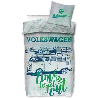Wendebettwäsche VW Volkswagen Bulli Bettwäsche Time Biber / Flanell 099, BERONAGE, 100% Baumwolle, 2 teilig, 135x200 + 80x80 cm grün|weiß
