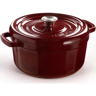 Overmont Bräter Emailliert Gusseisen Topf - Dutch Oven 26cm backofengeeignet mit Deckel und Kochbuch - für Braten Küche Backen Schmoren Dunkelrot