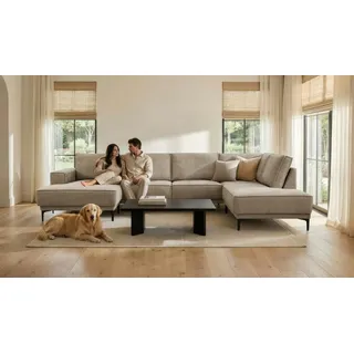 OTTO home Wohnlandschaft OTTO HOME "XXL Sofa Oland, Struktur, Flachgewebe, Luxus-Microfaser, Boucle", beige (taupe), B:345cm H:85cm T:210cm, 100% Polyester, Sofas, Wohnlandschaft, U-Form, 345 cm, Wellenunterfederung, Skandi-Design, Metallfüße