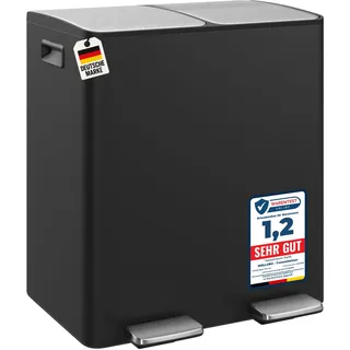 WELLGRO Mülleimer Küche 40 Liter - Edelstahl Tretmülleimer schwarz 2 Fächer, Mülltrennsystem 2 x 20 Liter, Absenkautomatik, klappbare Fußpedale