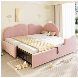 Flieks Polsterbett, L-Form Daybett 90/180x200cm mit Ausziehbett und Kopfteil in Wolkenform rosa