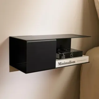 Designfabrik Hamburg | Schwebender Nachttisch aus Metall | Hängender Nachtschrank mit versteckter Ablage und Kabelführung | schmaler Wand Nachttisch fürs Schlafzimmer | Modernes Design | 2X Schwarz