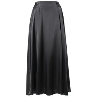 ARESU Satin-Maxirock für Damen, Retro, hohe Taille, A-Linie, plissiert, schick, elegant, locker, lässig, Langer Seidenrock, Herbst, Alter Stil, Schwarz, L