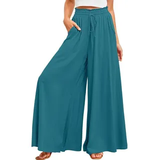 Osheoiso Hosenrock Damen Lang Culottes Loose Weites Bein Lockere Hosen Basic Elegante Stoffhose Damen Sommer Strandhose Hohe Taille Elastischer Freizeithose A Pfauenblau M - M