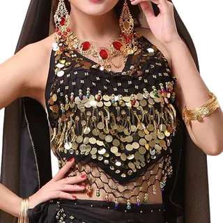 SamHeng Damen Neckholder-BH für Bauchtanz, rückenfrei, gepolstertes BH-Oberteil, Camisole, Neckholder, Bandage-Tanktop, Pailletten, Bauchtanz-Crop-Top für Festival, Party, Clubwear - Einheitsgröße