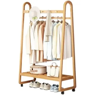 Freistehender Kleiderständer auf Rädern, Bambus-Kleiderstange, Kleiderständer mit Ablagen, Garderobenständer, für Eingangsbereich, Schlamm und Schlafzimmer (Größe: 80 x 39 x 165 cm, Farbe: Holzfarbe)