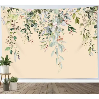LB Wandteppich Grünes Blatt Wandtuch Eukalyptusblätter Ästhetische Blume Wandbehang Tropische Pflanze Beige Tapisserie für Wohnzimmer Schlafzimmer Wohnheim Wanddeko,235Bx180H cm