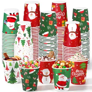 Fovths 200 Stück Weihnachts-Pappbecher 9oz 5 Designs Einwegbecher | Geeignet Für Heißgetränke, Farbiges Design, Für Partys, Innen- Und Außenbereiche, Einfache Entsorgung