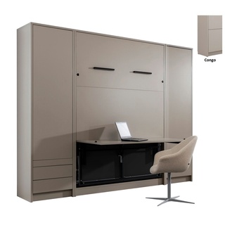 QMM TraumMöbel Schrankbett Wandbett GN 140x200 mit Schreibtisch & 2 Schränken (Set) vertikal klappbar grau