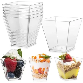 Yeehliny 50 Stück Dessertgläser Plastik Dessertschalen Klare Plastik Desserttasse Quadratische Dessertbecher Trapezoid Becher Plastikschalen für Dessert Pudding Mousse Party (Klare)