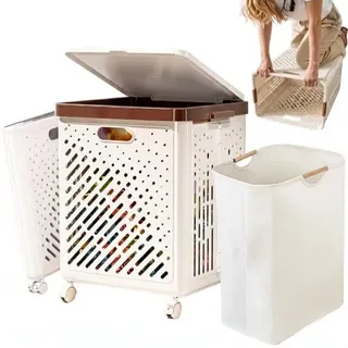 Mobiler 2-in-1 Wäschekorb mit Rollen & Deckel, 140L Volumen (90L PP-Hauptkorb + 50L Textilkorb), platzsparend klappbar & 360° drehbar, ideal für Bad, Waschküche & Schlafzimmer