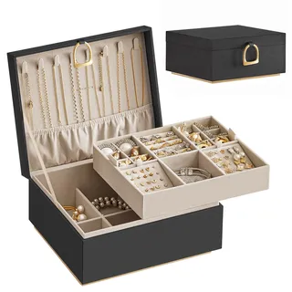 SONGMICS Schmuckkästchen 2 Ebenen, Schmuckkasten mit Griff, flexibles Schmucktablett, Schmuckbox, Schmuckaufbewahrung, schwebender Effekt, 20,5 x 24 x 11 cm, Geschenkidee, schwarz JBC165B01
