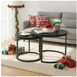 HawthyHome Couchtisch 2er-Set runde Beistelltische aus Holz & Metall (2-St), Moderne Kaffeetische für Wohnzimmer Schlafzimmer schwarz