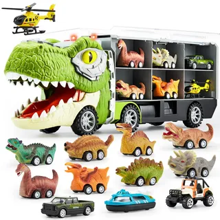 JOYIN 13 Stück Dinosaurier Spielzeug-Set - Autotransporter Mit 12 Zurückziehbaren Dino-Fahrzeugen, Transportwagen Mit Musik, Sound, Lichtern Und Hubschrauber - Für Kinder