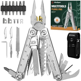 Multper Multitool Werkzeug, Geschenke für Männer, Aufgerüstetes Multi Tool Edelstahl Faltbares mit Damastmesser, Drahtschneider und Schraubendreherset, Multifunktionszange für Outdoor und Camping