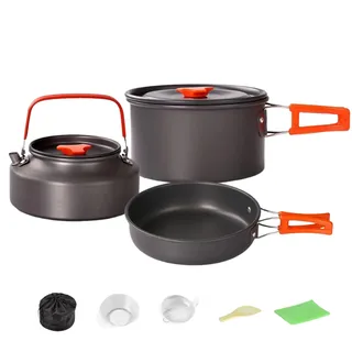 Kochgeschirr Kit - Outdoor Camping Kochset, Aluminium Geschirr Set, Verschachteltes Design Picknick Kochtopf Kit mit Topfs, Wasserkocher und Bratpfanne für Rucksackreisen, Wandern, Trekking, Picknick
