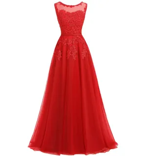 Ever Love A-Linie Lang Spitze T ̈1ll R ̈1ckenfrei Abendkleid Ballkleid Hochzeit Brautjungfernkleid mit Träger-Farbe: Rot, Gr. 50 - 50