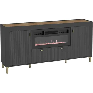 MIRJAN24 Kommode Mossa 2D1S MO07 mit Kamin (mit zwei Drehtüren und Schublade), Realistische LED-Flamme, 177x40x84 cm schwarz