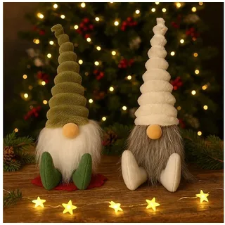 Online-Fuchs Dekofigur 2 süße Weihnachtswichtel mit Bart und Zipfelmütze - Weihnachtsdeko (Beige und Grün, 25 cm groß), charmantes Wichtel-Set im skandinavischen Stil beige|grün