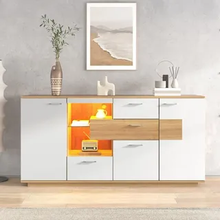 RAPRAP Modernes Sideboard Schrank mit viel Stauraum, 160x40x77cm, 2 Türen, 4 Schubladen, Glasablage, Holzoptik, Weiß Kommoden & Sideboards für Wohnzimmer, Küche, Flur,Weiß,I