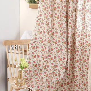 Moslovstar 1 Paar Leinenvorhänge mit Blumenmuster, rustikaler Landhausstil, lichtdurchlässige Fenstervorhänge mit Taschen, Beige, Quasten, 132 x 244 cm, rote Rose auf Beige