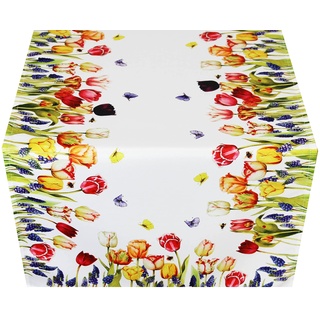 KAMACA Tischläufer Frühling Sommer Bunt Blumen Waschbar Küche Esstisch Dekor waschbare Tisch Dekoration ganzjährig (40x140 Tulpen und Schmetterlinge)
