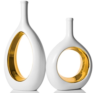 Set mit 2 weißen Keramik-Blumenvasen,Weißgold-Vase,Vase Gold,Hohle Ovale Vase für Heimdekoration,Vasen für Dekor-weiße Vase,Büro Dekoration,Moderne Geometrische Vasen,Ornament für Wohnzimmer Esstisch