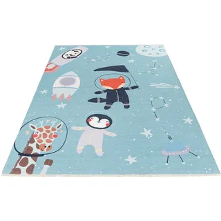 Obsession Kinderteppich My Greta 600, rechteckig, Höhe: 6 mm, Kurzflor, Motiv Tiere im Weltraum, mit Fransen, Kinderzimmer blau