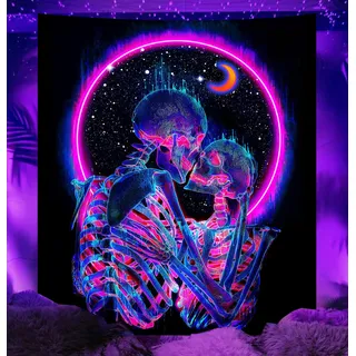 TUGCAY Blacklight Skull Tapisserie Glow in the Dark Tapisserie Kissing Lovers Tapestries Skelett Neon Trippy Moon Stars Vertical Poster Wall Hanging Decor for Bedroom Aesthetic - 130 x 150 cm