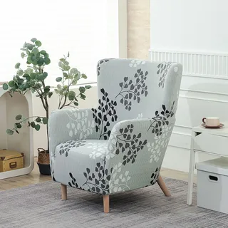 Highdi Stretch Sesselbezug Sesselhusse mit Armlehnen 1 Sitzer Sesselüberwurf Weicher Waschbarer Wohnzimmer Sesselschoner für OSKARSHAMN Ohrensessel mit Elastischem Band (Graue Blätter)