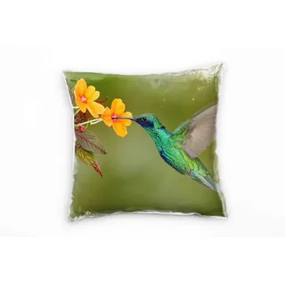 Paul Sinus Art Tiere, Kolibri, Blüte, grün, orange, türkis Deko Kissen 40x40cm für Couch Sofa Lounge Zierkissen - Dekoration zum Wohlfühlen
