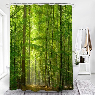 Moderner 3D-Druck Wald-Duschvorhang, grüne Pflanze, Baum, Landschaft, Badvorhang mit Haken für Badezimmer, wasserdichte Landschaft 80x220cm/WxH Vorhänge