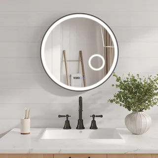 AQUABATOS Badspiegel mit Beleuchtung Rund Schwarz matt 60 cm LED Schminkspiegel Uhr Kosmetikspiegel Wandspiegel Badezimmerspiegel Lichtspiegel Dimmbar Touch Wandschalter Kaltweiß Aluminiumrahmen