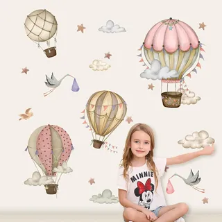 Tanlaby Cartoon Heißluftballon Wandsticker Schwan Vögel Wandtattoo Wolken Sterne