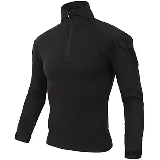 LiliChan Herren Langarm Taktisches Militär T-Shirt Outdoor Shirt Kampfhemd mit Reißverschluss (Schwarz, EU S (passende Brust: 34 "-37")) - S