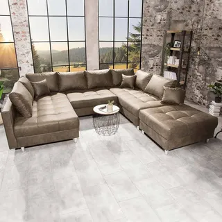 Moderne XXL Wohnlandschaft KENT 305cm taupe Federkern inkl. Hocker und Kissen - Taupe