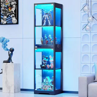 BROTTAR Glasvitrine mit Dreifarbig LED Beleuchtung und Glastüren, Glasvitrine Stehend mit Körpersensor-System, Sammlervitrine für Wohnzimmer, Büro, Bücher, Spielzimmer, Schwarz (40 x 35 x 160cm)