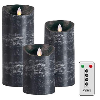 3er SET! Sompex Flame LED Echtwachs Kerze / Kerzen FERNBEDIENBAR V14 Anthrazit (Schwarz Grau) 8 x 12,5cm - 8 x 18cm - 8 x 23cm - MIT FERNBEDIENUNG! Bundle inklusive Fernbedienung! (3er Set)