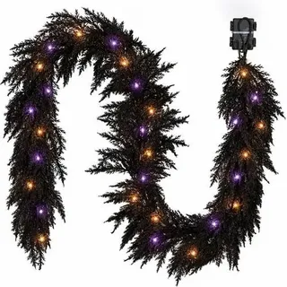 Valery Madelyn Halloween Deko 180cm Halloween Girlande Schwarz | mit 20 LED Timer Beleuchtet,künstliche Grusel-Tannengirlande Dekogirlande,für Kamin