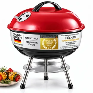 GOODS+GADGETS® Kleiner Kugelgrill 38 cm - Holzkohle Tischgrill Edelstahl | Kompakter Mini-Grill für Camping, Festival & Picknick – emailliert, rostfrei, schnell aufgebaut
