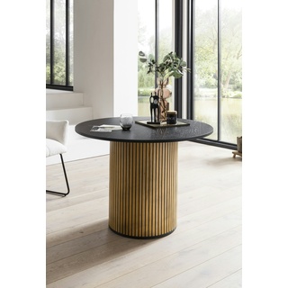 SalesFever Esstisch rund Ø120cm| schwarz lackierte Tischplatte aus MDF |Säulengestell aus Eiche Echtholzfurnier |B120xT120xH75cm|mattschwarz–natur