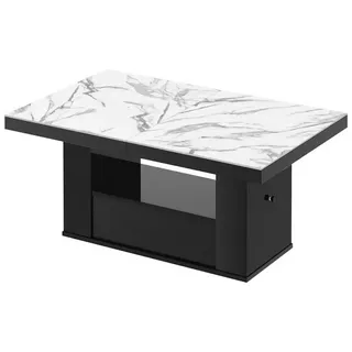 designimpex Couchtisch HM-111 Marmor Natur - Schwarz Hochglanz höhenverstellbar ausziehbar, Funktionstisch, Wohnzimmertisch, Tisch, Esstisch, Sofatisch, Schublade schwarz|weiß