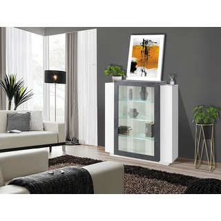 Dmora Moderne Vitrine mit Glastür, Made in Italy, mit weißem LED-Licht, Sideboard mit Regalen, Wohnzimmervitrine, 120x45h115 cm, glänzend weiß und schiefergrau