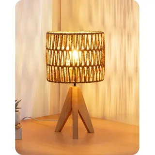 Nachttischlampe H36 Cm, Tischlampe, E27-leuchtmittel 2700k Inklusive, Handgewebter Seillampenschirm, Holzfuß